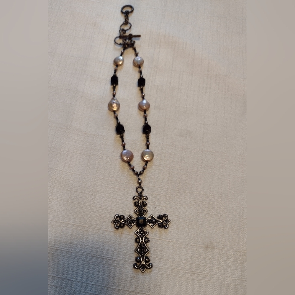 Raised Black Cross Mother of Pearl Stones Black Glass Beads Necklace